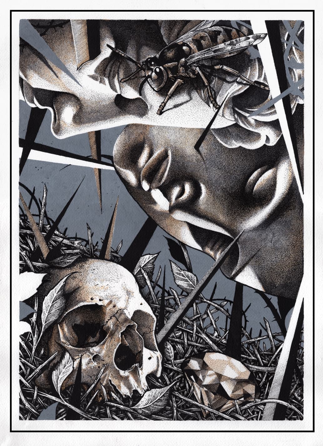 Illustration dotwork : guêpe, visage et crâne animal — Nik Costaz