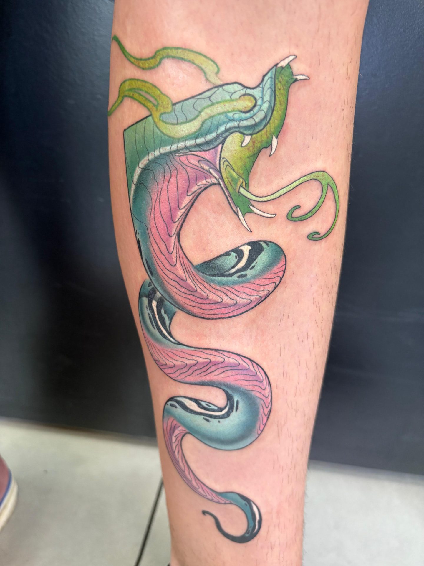 Dragon serpentiforme vert et rose sur mollet — Chez Nanah