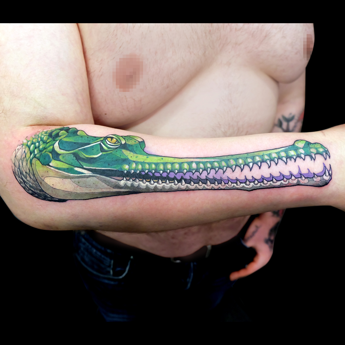 Gavial vert sur avant-bras par Dusty Brasseur