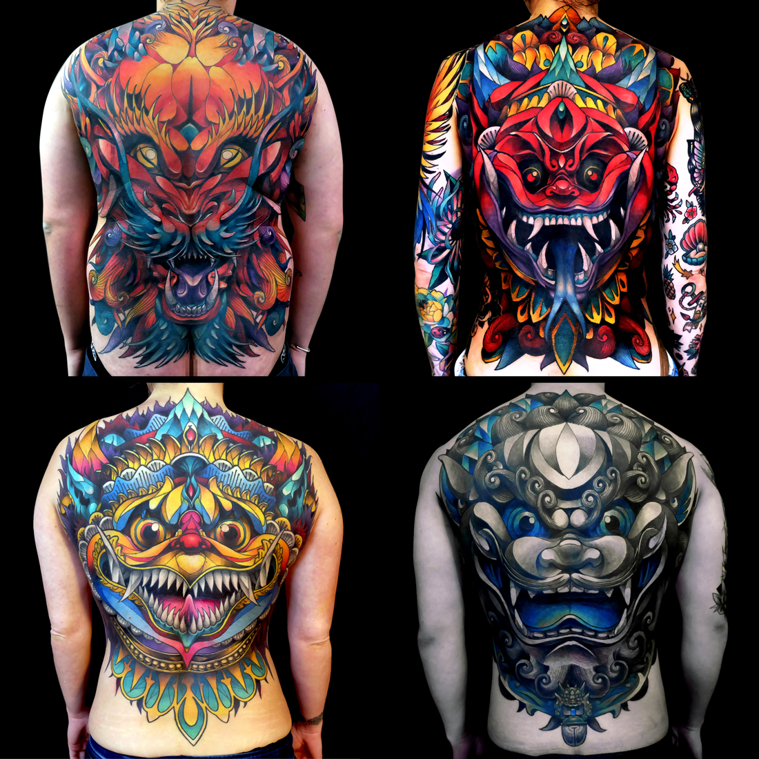 Quatre dos entiers couleur aux motifs graphiques par Dusty Brasseur